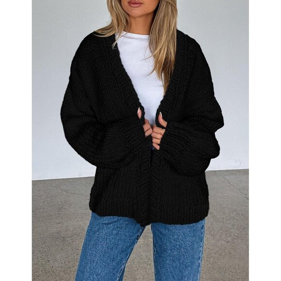 Womens Trendy Cardigan Sweaters Black Green Long Sleeve Chunky Knit Outfits - Picture 8 of 8